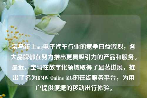 宝马线上mg电子汽车行业的竞争日益激烈，各大品牌都在努力推出更具吸引力的产品和服务。最近，宝马在数字化领域取得了显著进展，推出了名为BMW Online MG的在线服务平台，为用户提供便捷的移动出行体验。